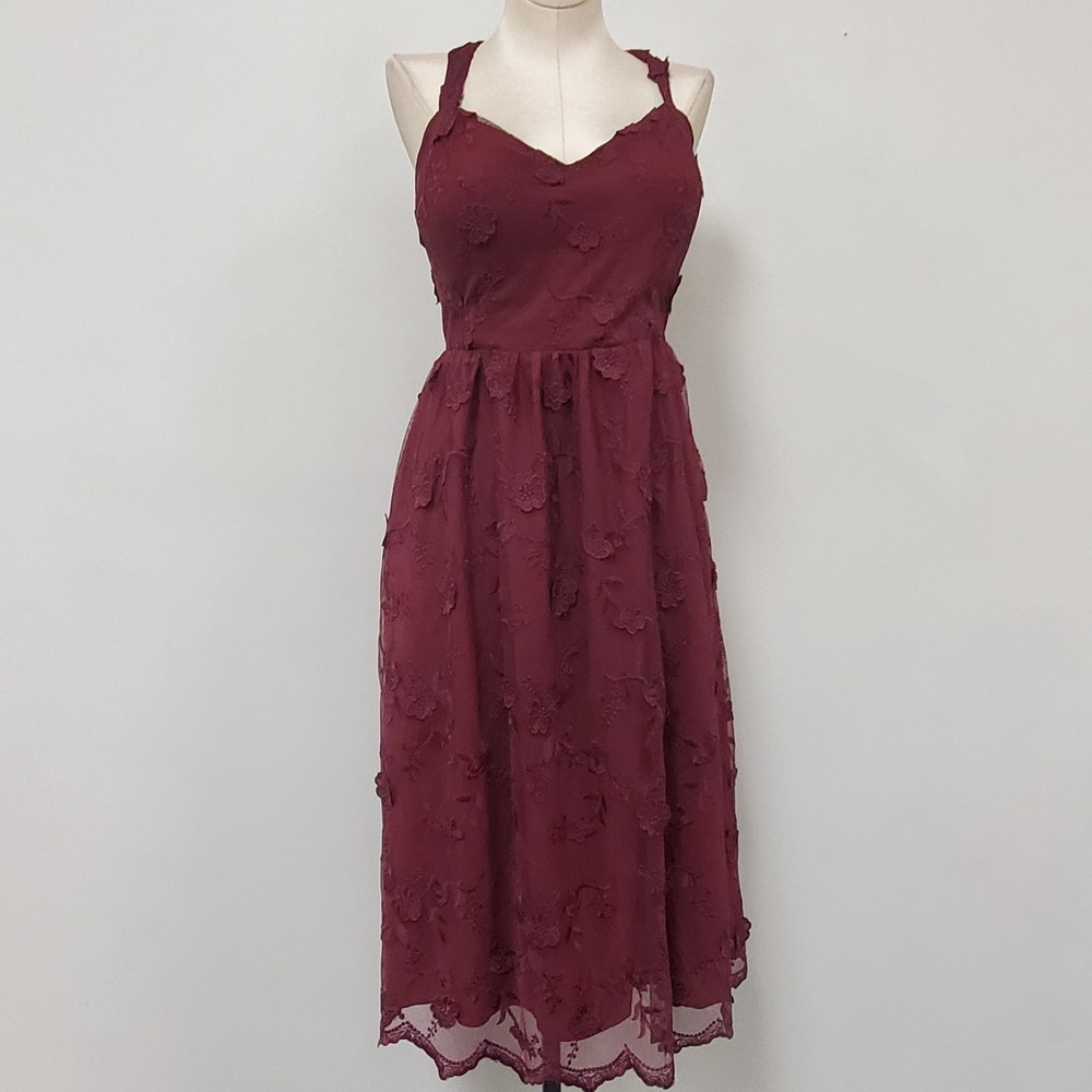 Modcloth Womens Halter Neck Sleeveless Midi Dress Size M Red Applique Flowers